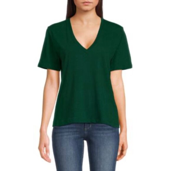 VINCE. Solid Kelly Green V-Neck Short Sleeve Linen Blend Women's Tee Size Large - Picture 1 of 6